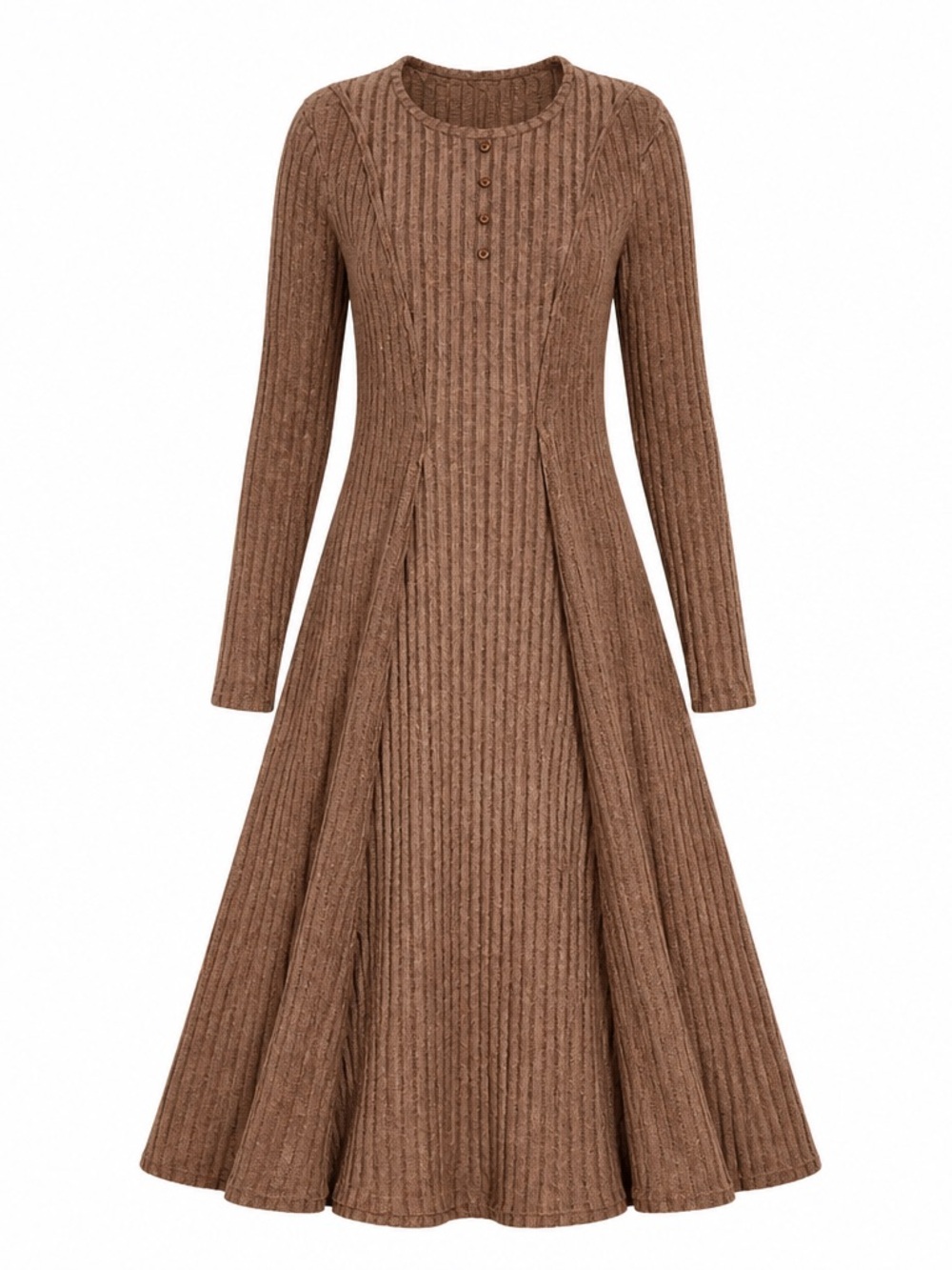 Women’s Ribbed Long Sleeve A-Line Dress Brown Size S